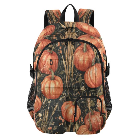Large Capacity Student Backpack, 14 Inch Laptop Backpack, Wear-Resistant Polyester Travel Backpack with Reflective Strips for Commuting Outdoor Pumpkin Harvest Fall