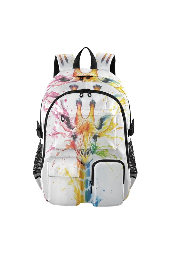 Large Capacity Student Backpack, 14 Inch Laptop Backpack, Wear-Resistant Polyester Travel Backpack with Reflective Strips for Commuting Outdoor Rainbow Cute Giraffe