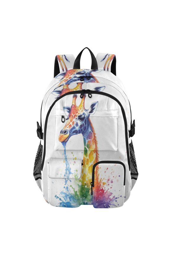 Large Capacity Student Backpack, 14 Inch Laptop Backpack, Wear-Resistant Polyester Travel Backpack with Reflective Strips for Commuting Outdoor Rainbow Giraffe