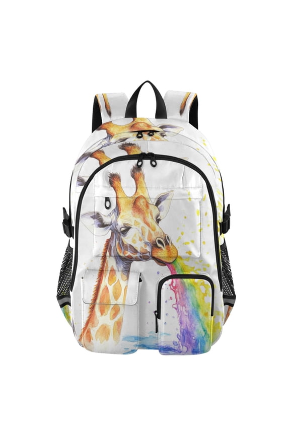 Large Capacity Student Backpack, 14 Inch Laptop Backpack, Wear-Resistant Polyester Travel Backpack with Reflective Strips for Commuting Outdoor Rainbow Giraffe Pattern