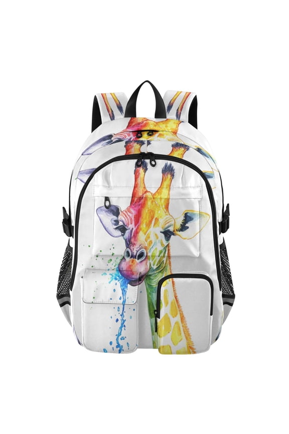 Large Capacity Student Backpack, 14 Inch Laptop Backpack, Wear-Resistant Polyester Travel Backpack with Reflective Strips for Commuting Outdoor Rainbow Pretty Giraffe