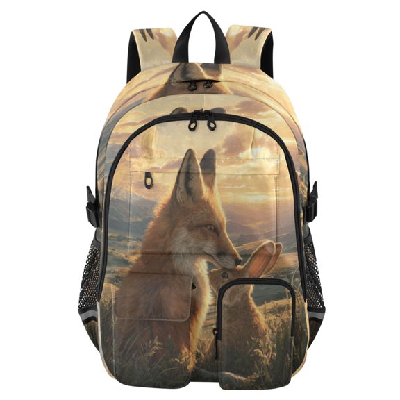 Large Capacity Student Backpack, 14 Inch Laptop Backpack, Wear-Resistant Polyester Travel Backpack with Reflective Strips for Commuting Outdoor Red Fox Embracing