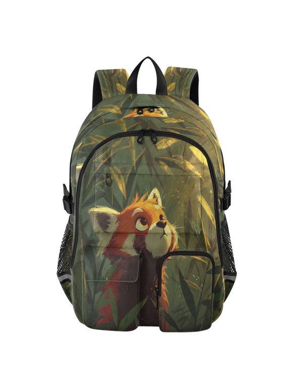 Large Capacity Student Backpack, 14 Inch Laptop Backpack, Wear-Resistant Polyester Travel Backpack with Reflective Strips for Commuting Outdoor Red Panda in Bamboo