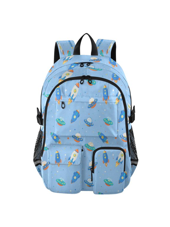 Large Capacity Student Backpack, 14 Inch Laptop Backpack, Wear-Resistant Polyester Travel Backpack with Reflective Strips for Commuting Outdoor Rocket Space Blue Sky
