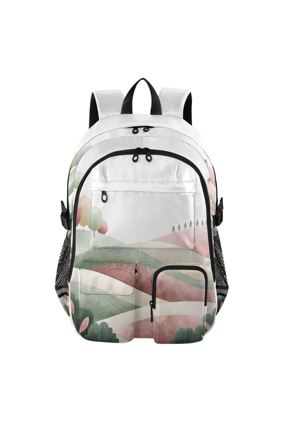 Large Capacity Student Backpack, 14 Inch Laptop Backpack, Wear-Resistant Polyester Travel Backpack with Reflective Strips for Commuting Outdoor Rolling Hill Pastel Drawing