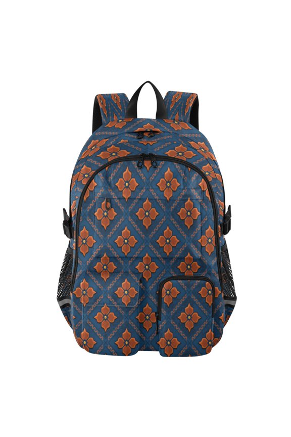 Large Capacity Student Backpack, 14 Inch Laptop Backpack, Wear-Resistant Polyester Travel Backpack with Reflective Strips for Commuting Outdoor Rust Diamond Square Repeat