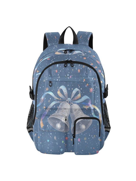 Large Capacity Student Backpack, 14 Inch Laptop Backpack, Wear-Resistant Polyester Travel Backpack with Reflective Strips for Commuting Outdoor Silver Bell