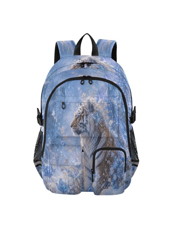 Large Capacity Student Backpack, 14 Inch Laptop Backpack, Wear-Resistant Polyester Travel Backpack with Reflective Strips for Commuting Outdoor Snow Tiger Winter