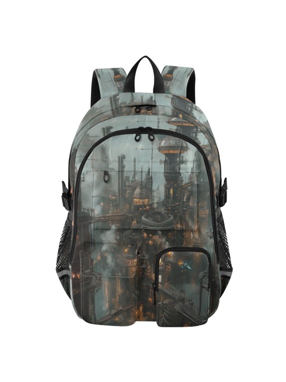 Large Capacity Student Backpack, 14 Inch Laptop Backpack, Wear-Resistant Polyester Travel Backpack with Reflective Strips for Commuting Outdoor Steampunk City