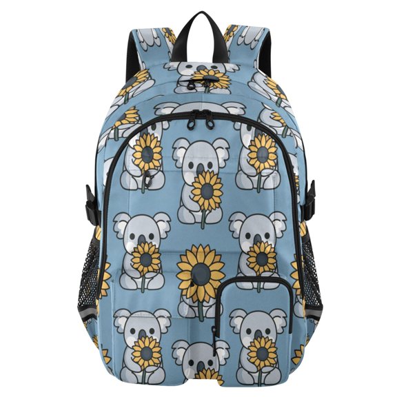 Large Capacity Student Backpack, 14 Inch Laptop Backpack, Wear-Resistant Polyester Travel Backpack with Reflective Strips for Commuting Outdoor Sunflower Koala Blue Motif