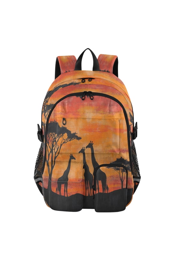 Large Capacity Student Backpack, 14 Inch Laptop Backpack, Wear-Resistant Polyester Travel Backpack with Reflective Strips for Commuting Outdoor Sunset Giraffes