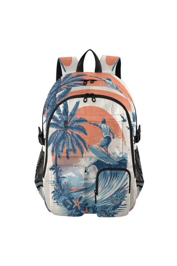 Large Capacity Student Backpack, 14 Inch Laptop Backpack, Wear-Resistant Polyester Travel Backpack with Reflective Strips for Commuting Outdoor Surfers Palm Tree Waves