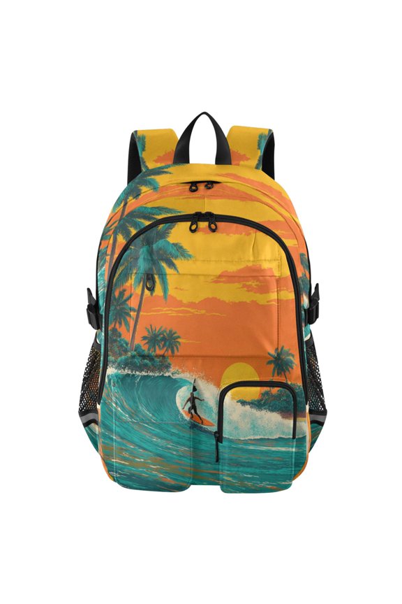 Large Capacity Student Backpack, 14 Inch Laptop Backpack, Wear-Resistant Polyester Travel Backpack with Reflective Strips for Commuting Outdoor Surfers Ride Ocean Waves