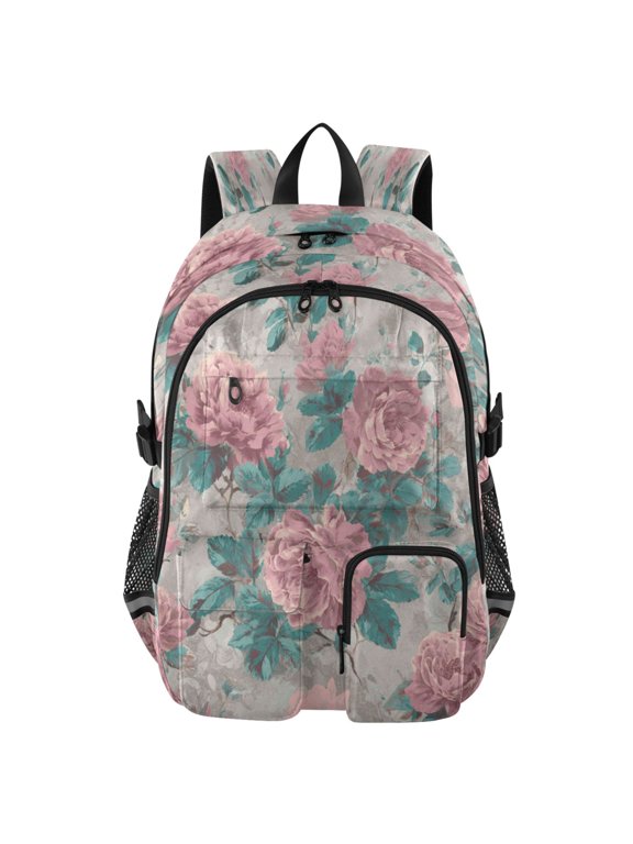 Large Capacity Student Backpack, 14 Inch Laptop Backpack, Wear-Resistant Polyester Travel Backpack with Reflective Strips for Commuting Outdoor Vintage Retro Rose Picture