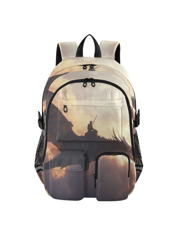 Large Capacity Student Backpack, 14 Inch Laptop Backpack, Wear-Resistant Polyester Travel Backpack with Reflective Strips for Commuting Outdoor Warrior Dragon