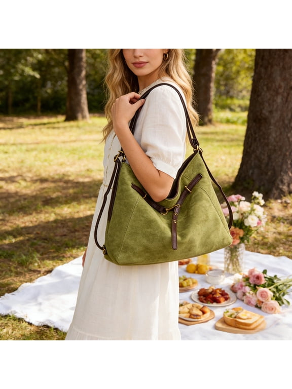 Large Capacity Suede Tote Bag, TOUMENY Convertible Backpack Purse For Women, Casual Handbag Shoulder Bag Travel Laptop Purse For Work Commute, Green