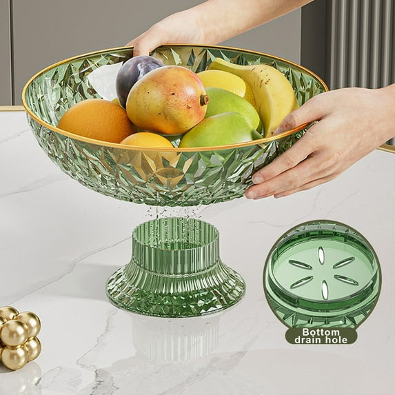 Large Capacity Tall Fruit Bowl with Removable Drainage Basket | Green Plastic Household Serving Plates for Fruits Nuts Candy | 26 x 13 x 12 cm Modern Striped Design