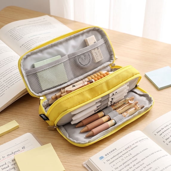 Large Capacity Three Layer Pencil Case, Multi Compartment Zipper Stationery Storage Bag, Portable Pen Pouch with Separate Slots for Office Desk Supplies