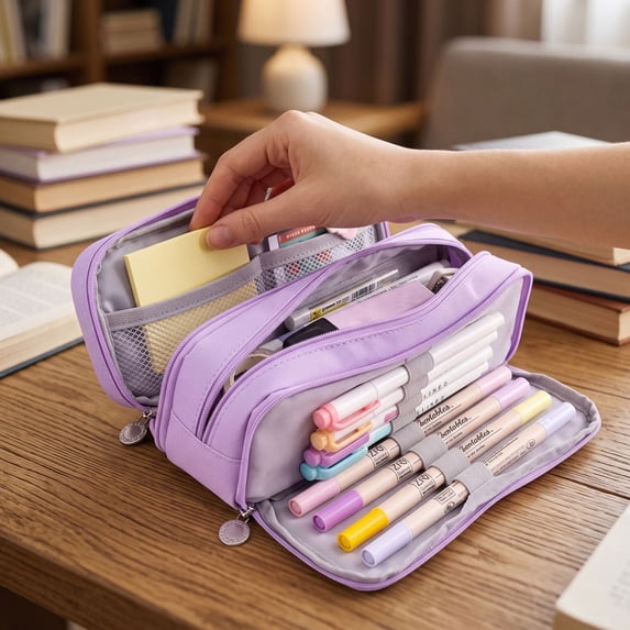 Large Capacity Three Layer Pencil Case, Multi Compartment Zipper Stationery Storage Bag, Portable Pen Pouch with Separate Slots for Office Desk Supplies