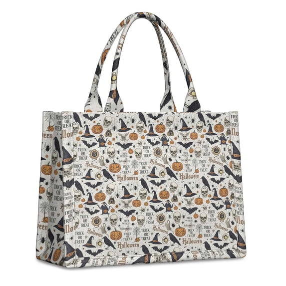 Large Capacity Tote Bag,Beige Halloween Pumpkin Skull Bat Pattern Handbag Fashion Luxury Tote Bag,15.7"x13"x 5.1" Inches,Laptop Compatible