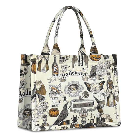 Large Capacity Tote Bag,Beige Halloween Skull Pumpkin Pattern Handbag Fashion Luxury Tote Bag,15.7"x13"x 5.1" Inches,Laptop Compatible