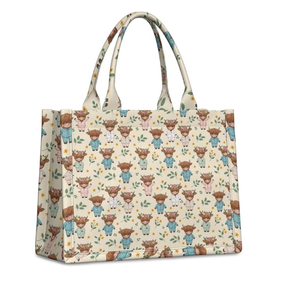 Large Capacity Tote Bag,Beige Highland Cow Flower Pajama Pattern Handbag Fashion Luxury Tote Bag,15.7"x13"x 5.1" Inches,Laptop Compatible