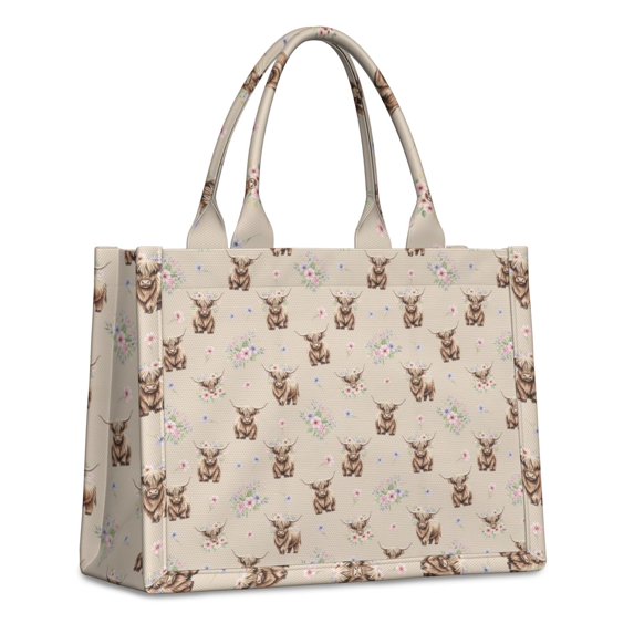 Large Capacity Tote Bag,Beige Highland Cow Flower Pattern Handbag Fashion Luxury Tote Bag,15.7"x13"x 5.1" Inches,Laptop Compatible