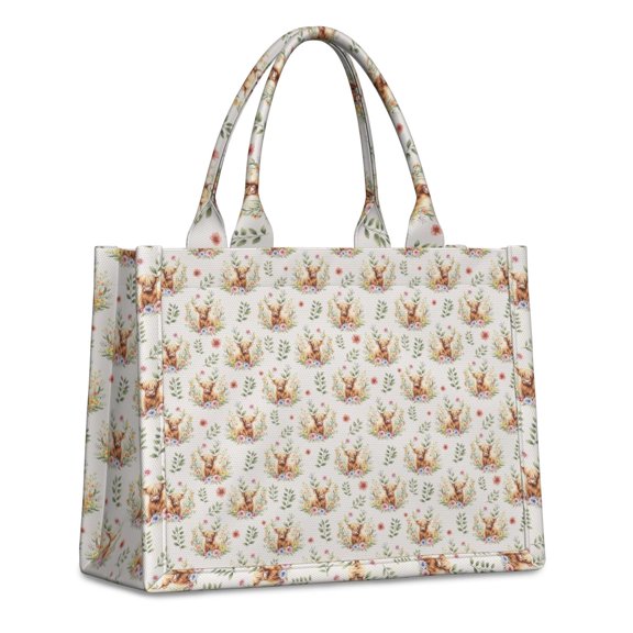 Large Capacity Tote Bag,Beige Highland Cow Flower Pattern Handbag Fashion Luxury Tote Bag,15.7"x13"x 5.1" Inches,Laptop Compatible