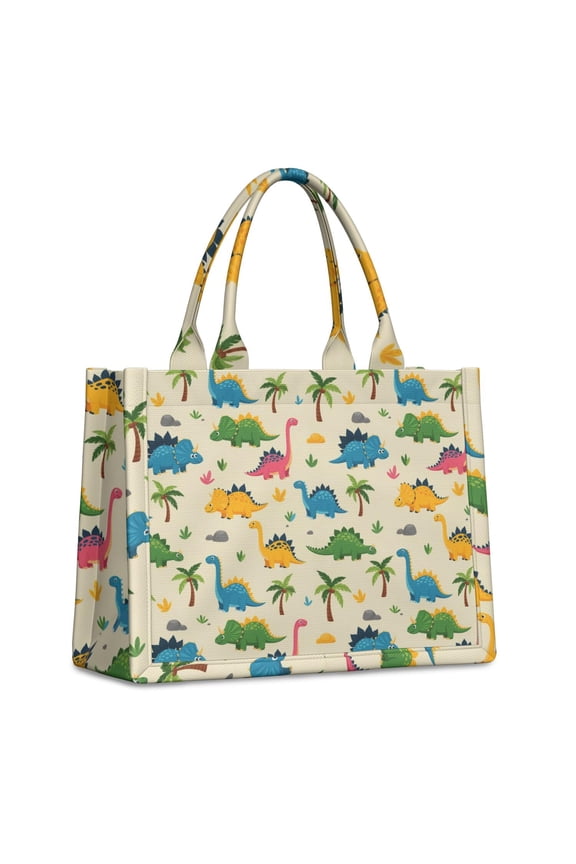 Large Capacity Tote Bag,Beige Toned Dinosaur and Palm Tree Pattern Handbag Fashion Luxury Tote Bag,15.7"x13"x 5.1" Inches,Laptop Compatible