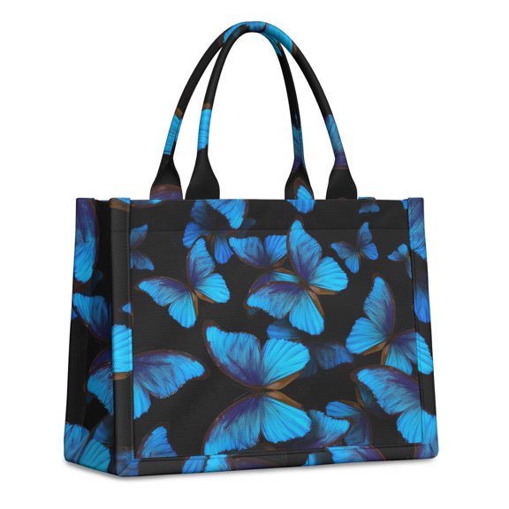 Large Capacity Tote Bag,Black Blue Butterfly Pattern Handbag Fashion Luxury Tote Bag,15.7"x13"x 5.1" Inches,Laptop Compatible