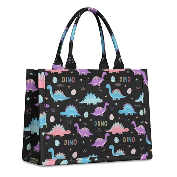 Large Capacity Tote Bag,Black Cartoon Dinosaurs Eggs Stars Pattern Handbag Fashion Luxury Tote Bag,15.7"x13"x 5.1" Inches,Laptop Compatible