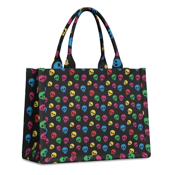 Large Capacity Tote Bag,Black Colorful Skull Pattern Handbag Fashion Luxury Tote Bag,15.7"x13"x 5.1" Inches,Laptop Compatible
