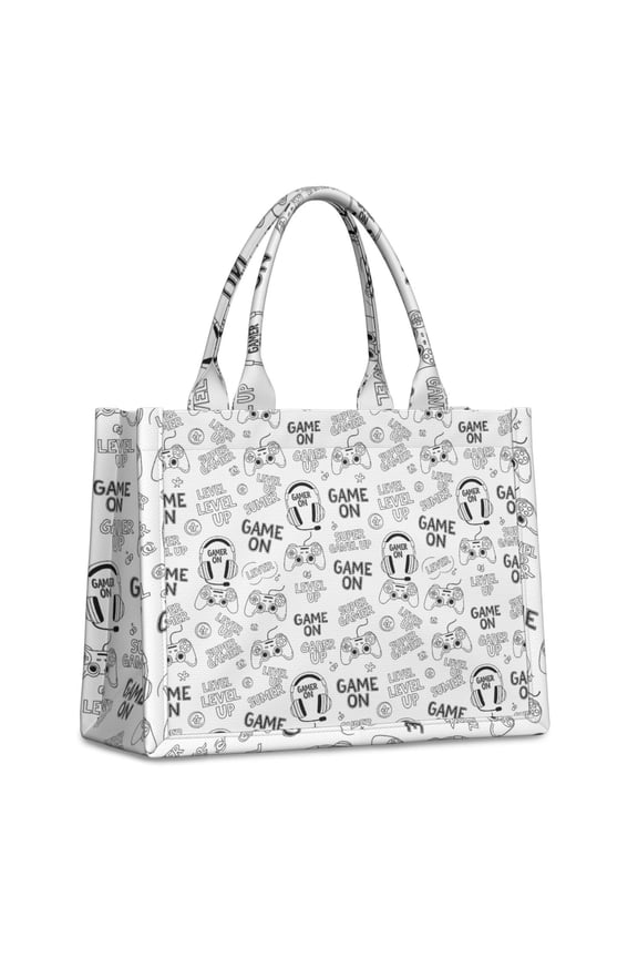 Large Capacity Tote Bag,Black Controllers Games Icons White Pattern Handbag Fashion Luxury Tote Bag,15.7"x13"x 5.1" Inches,Laptop Compatible