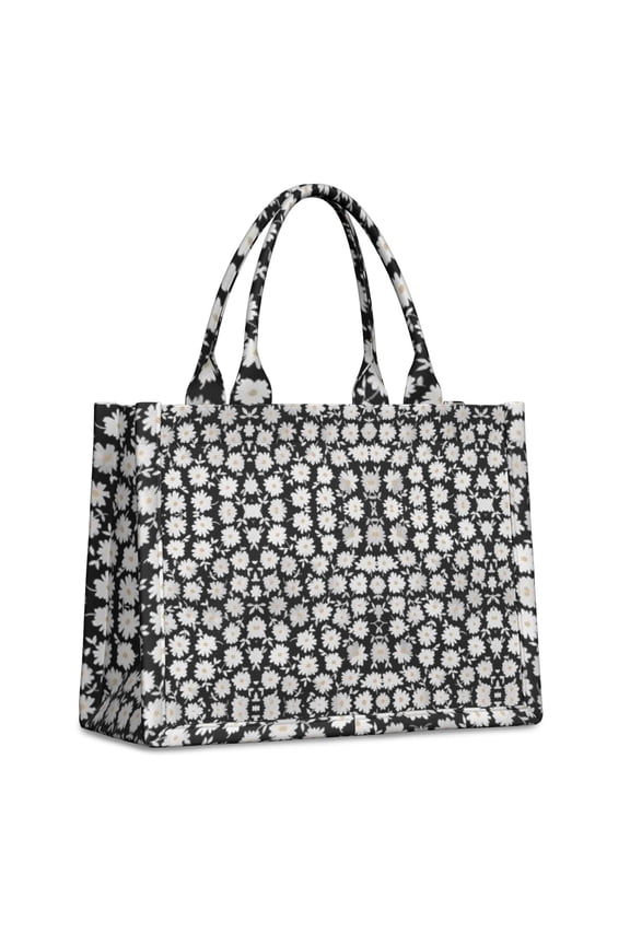 Large Capacity Tote Bag,Black Daisy Flower Pattern Handbag Fashion Luxury Tote Bag,15.7"x13"x 5.1" Inches,Laptop Compatible