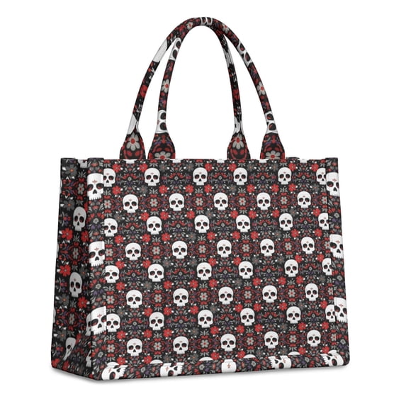 Large Capacity Tote Bag,Black Floral Skull Pattern Handbag Fashion Luxury Tote Bag,15.7"x13"x 5.1" Inches,Laptop Compatible