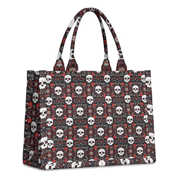 Large Capacity Tote Bag,Black Floral Skull Pattern Handbag Fashion Luxury Tote Bag,15.7"x13"x 5.1" Inches,Laptop Compatible