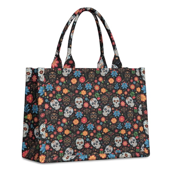 Large Capacity Tote Bag,Black Flower Skull Pattern Handbag Fashion Luxury Tote Bag,15.7"x13"x 5.1" Inches,Laptop Compatible
