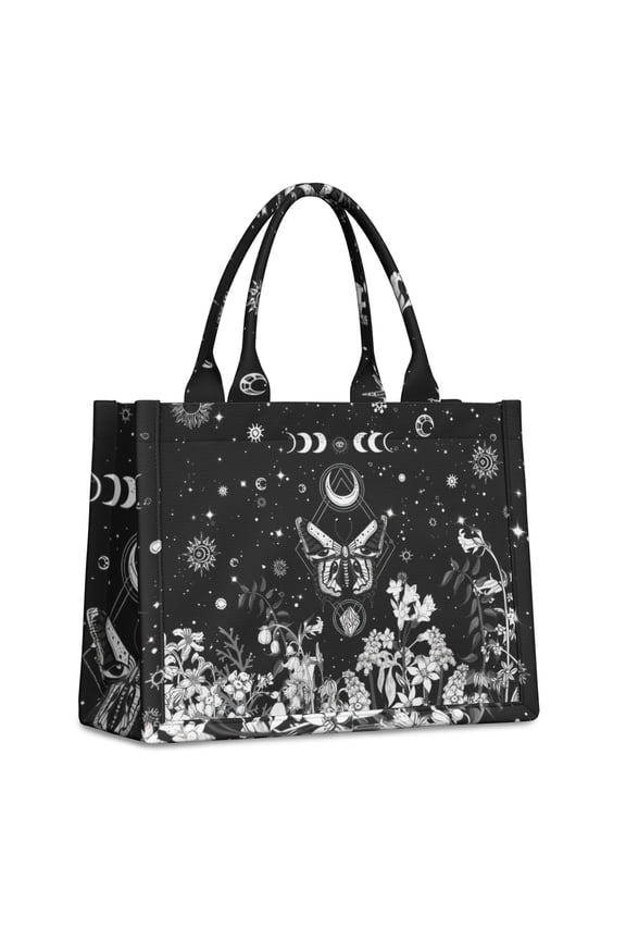 Large Capacity Tote Bag,Black Gothic Sun Moon Flower Pattern Handbag Fashion Luxury Tote Bag,15.7"x13"x 5.1" Inches,Laptop Compatible