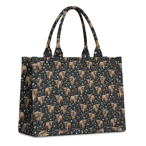 Large Capacity Tote Bag,Black Highland Cow Flower Pattern Handbag Fashion Luxury Tote Bag,15.7"x13"x 5.1" Inches,Laptop Compatible