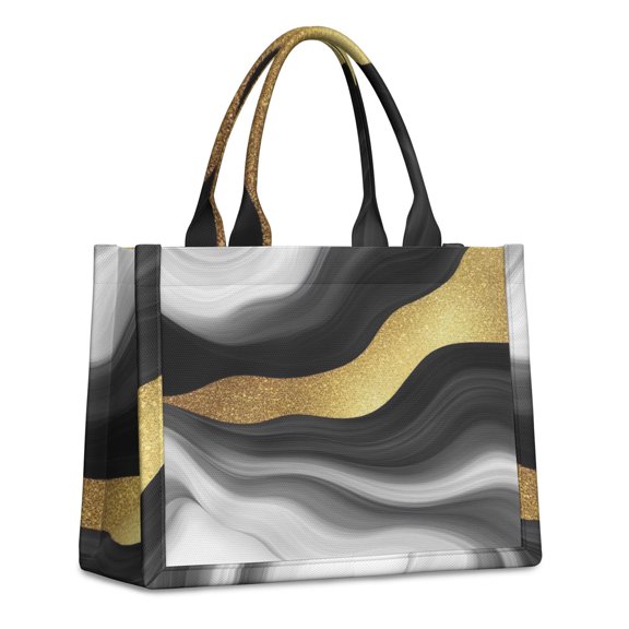 Large Capacity Tote Bag,Black Marble Gold Wave Pattern Handbag Fashion Luxury Tote Bag,15.7"x13"x 5.1" Inches,Laptop Compatible