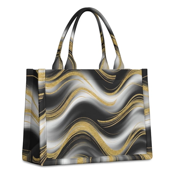 Large Capacity Tote Bag,Black Marble Gold Wave Pattern Handbag Fashion Luxury Tote Bag,15.7"x13"x 5.1" Inches,Laptop Compatible