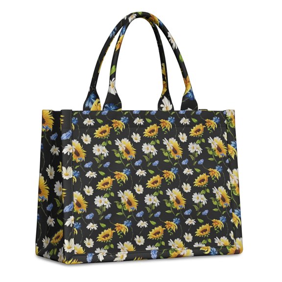 Large Capacity Tote Bag,Black Multicolor Flower Sunflower Pattern Handbag Fashion Luxury Tote Bag,15.7"x13"x 5.1" Inches,Laptop Compatible