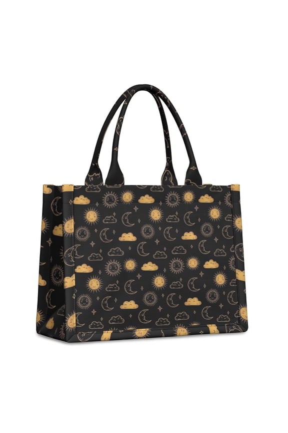 Large Capacity Tote Bag,Black Sun Moon Cloud Pattern Handbag Fashion Luxury Tote Bag,15.7"x13"x 5.1" Inches,Laptop Compatible