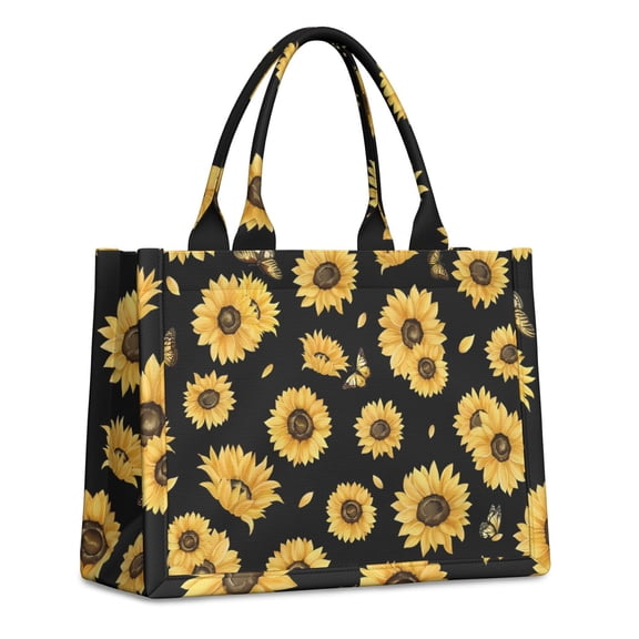 Large Capacity Tote Bag,Black Sunflower Butterfly Pattern Handbag Fashion Luxury Tote Bag,15.7"x13"x 5.1" Inches,Laptop Compatible
