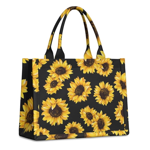 Large Capacity Tote Bag,Black Sunflower Pattern Handbag Fashion Luxury Tote Bag,15.7"x13"x 5.1" Inches,Laptop Compatible