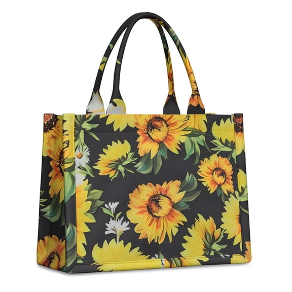 Large Capacity Tote Bag,Black Sunflower White Flower Pattern Handbag Fashion Luxury Tote Bag,15.7"x13"x 5.1" Inches,Laptop Compatible