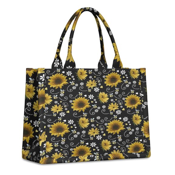 Large Capacity Tote Bag,Black White Bee Heart Sunflower Pattern Handbag Fashion Luxury Tote Bag,15.7"x13"x 5.1" Inches,Laptop Compatible