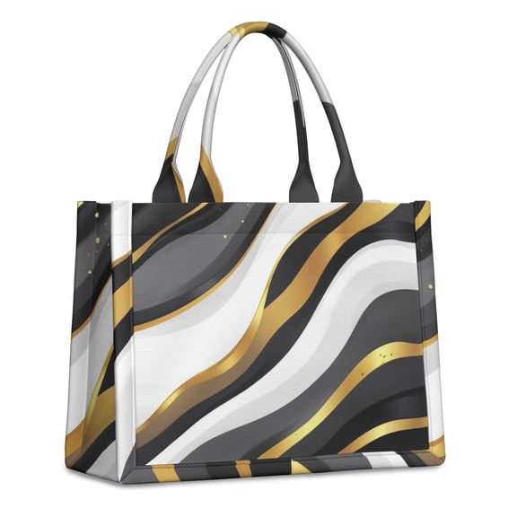 Large Capacity Tote Bag,Black White Gold Wave Marble Handbag Fashion Luxury Tote Bag,15.7"x13"x 5.1" Inches,Laptop Compatible