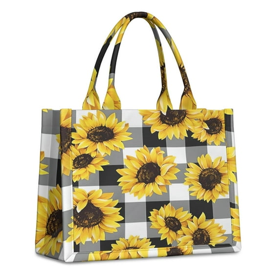 Large Capacity Tote Bag,Black White Gray Checker Sunflower Pattern Handbag Fashion Luxury Tote Bag,15.7"x13"x 5.1" Inches,Laptop Compatible