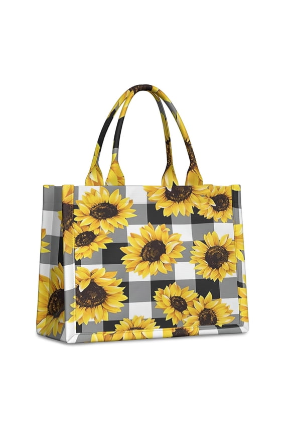 Large Capacity Tote Bag,Black White Gray Checker Sunflower Pattern Handbag Fashion Luxury Tote Bag,15.7"x13"x 5.1" Inches,Laptop Compatible